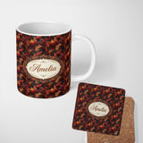 Personalized Custom Name Rich Red Gold Ornamental Leaf Swirl Seamless Pattern Lovely 11oz Ceramic Coffee Tea Mug White Large Handle