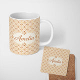 Personalized Custom Name Warm Beige and Terracotta Geometric Floral Tile Pattern in Soft 11oz Ceramic Coffee Tea Mug White Large Handle