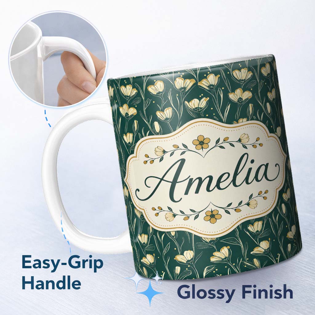 Personalized Custom Name Elegant Dark Teal Floral Wildflower Pattern with Soft Yellow Lovely 11oz Ceramic Coffee Tea Mug White Large Handle
