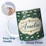Personalized Custom Name Elegant Dark Teal Floral Wildflower Pattern with Soft Yellow Lovely 11oz Ceramic Coffee Tea Mug White Large Handle