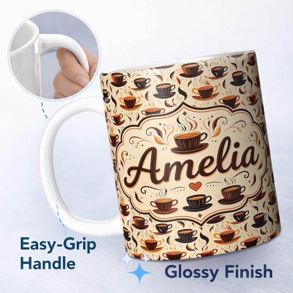 Personalized Custom Name Stylized Coffee Cups with Swirling Steam Seamless Pattern Lovely 11oz Ceramic Coffee Tea Mug White Large Handle