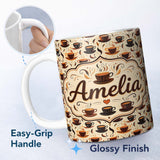 Personalized Custom Name Stylized Coffee Cups with Swirling Steam Seamless Pattern Lovely 11oz Ceramic Coffee Tea Mug White Large Handle