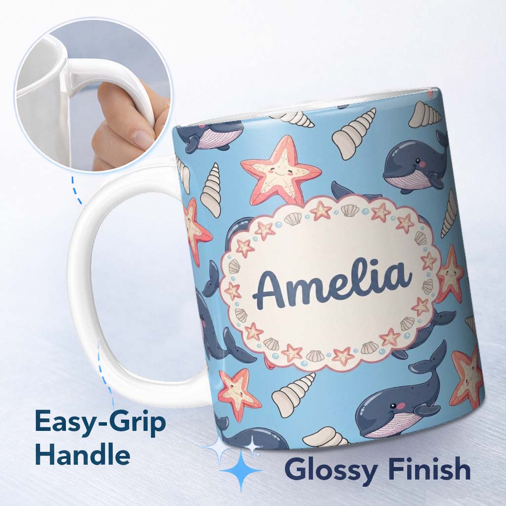 Personalized Custom Name Cute Kawaii Whale Starfish Seashell Ocean Animals Blue Background 11oz Ceramic Coffee Tea Mug White Large Handle