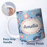 Personalized Custom Name Cute Kawaii Whale Starfish Seashell Ocean Animals Blue Background 11oz Ceramic Coffee Tea Mug White Large Handle