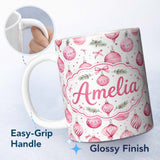 Personalized Custom Name Watercolor Pink Christmas Bauble Pine Branch Seamless Pattern Lovely 11oz Ceramic Coffee Tea Mug White Large Handle