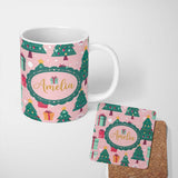 Personalized Custom Name Cute Christmas Tree Gift Box Festive Seamless Pattern Lovely 11oz Ceramic Coffee Tea Mug White Large Handle