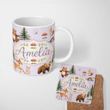 Personalized Custom Name Forest Animals Bear Bunny Squirrel Trees on Soft Lavender Seamless 11oz Ceramic Coffee Tea Mug White Large Handle