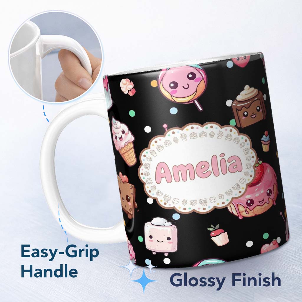Personalized Custom Name Cute Kawaii Desserts Candy Cakes and Sweet Treat Characters Seamless 11oz Ceramic Coffee Tea Mug White Large Handle