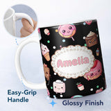 Personalized Custom Name Cute Kawaii Desserts Candy Cakes and Sweet Treat Characters Seamless 11oz Ceramic Coffee Tea Mug White Large Handle