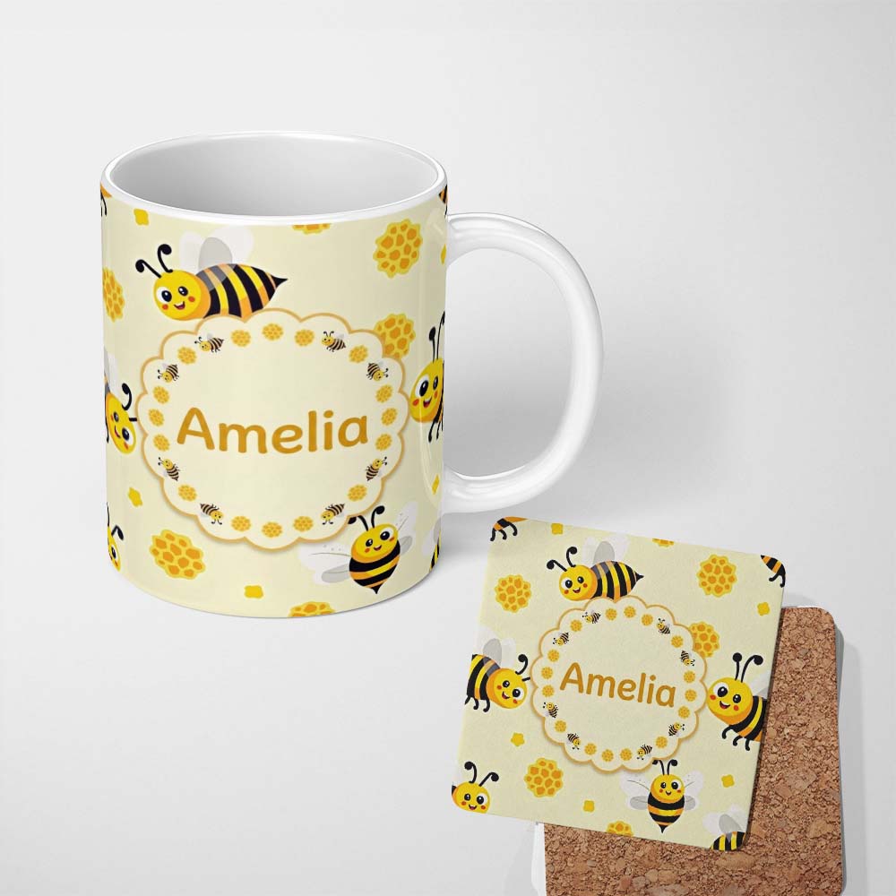 Personalized Custom Name Cute Bees Honeycomb Sweet Kawaii Insects Seamless Pattern Lovely 11oz Ceramic Coffee Tea Mug White Large Handle