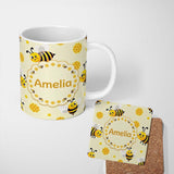 Personalized Custom Name Cute Bees Honeycomb Sweet Kawaii Insects Seamless Pattern Lovely 11oz Ceramic Coffee Tea Mug White Large Handle