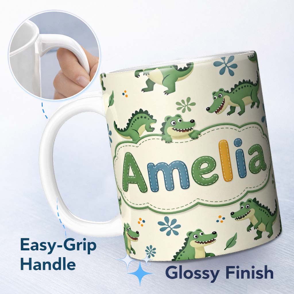 Personalized Custom Name Cute Cartoon Crocodiles Jungle Leaves Playful Animal Seamless Lovely 11oz Ceramic Coffee Tea Mug White Large Handle