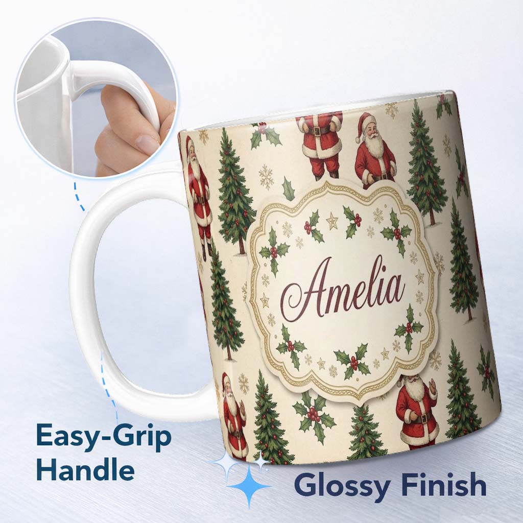 Personalized Custom Name Cute Santa Claus Christmas Trees Holly Leaves and Festive Holiday 11oz Ceramic Coffee Tea Mug White Large Handle