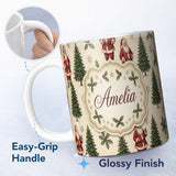 Personalized Custom Name Cute Santa Claus Christmas Trees Holly Leaves and Festive Holiday 11oz Ceramic Coffee Tea Mug White Large Handle