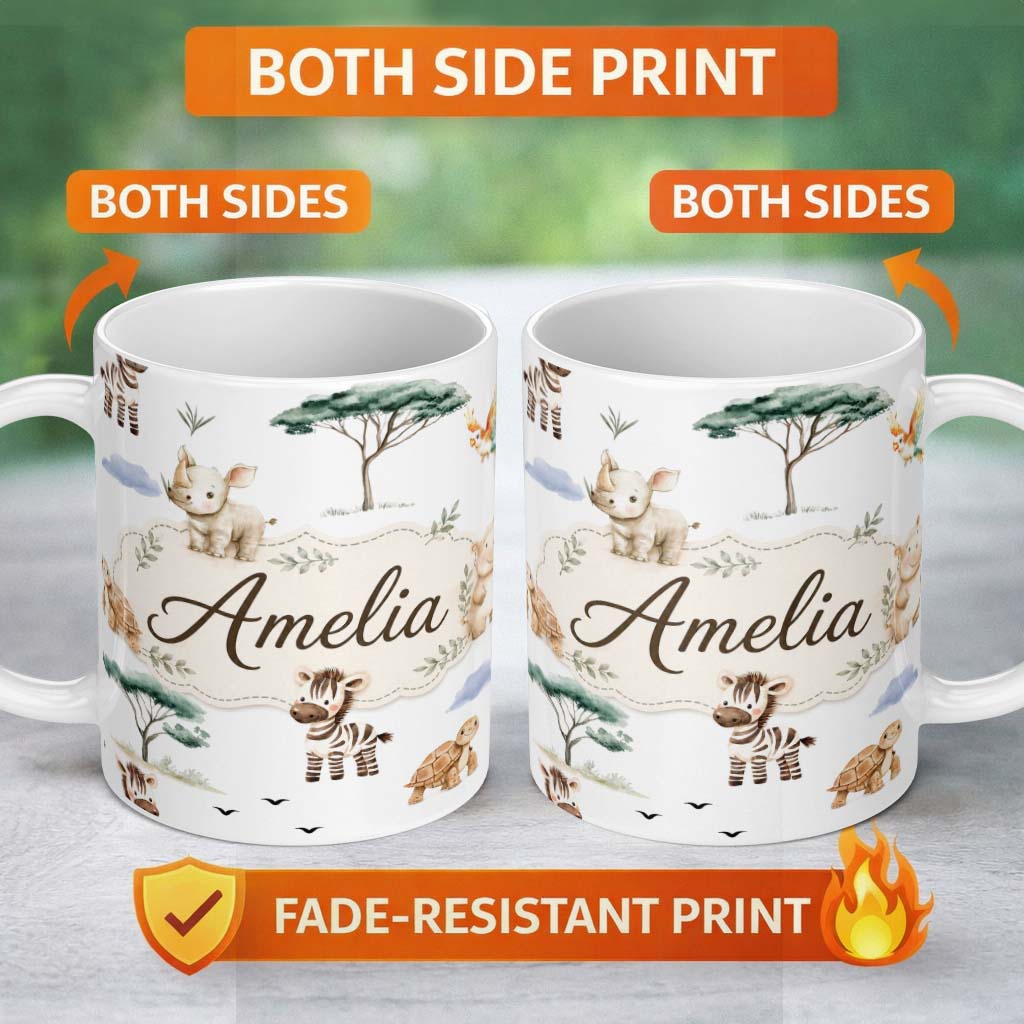 Personalized Custom Name Cute Safari Animals Zebra Rhino Turtle with Trees Neutral Background 11oz Ceramic Coffee Tea Mug White Large Handle