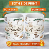 Personalized Custom Name Cute Safari Animals Zebra Rhino Turtle with Trees Neutral Background 11oz Ceramic Coffee Tea Mug White Large Handle