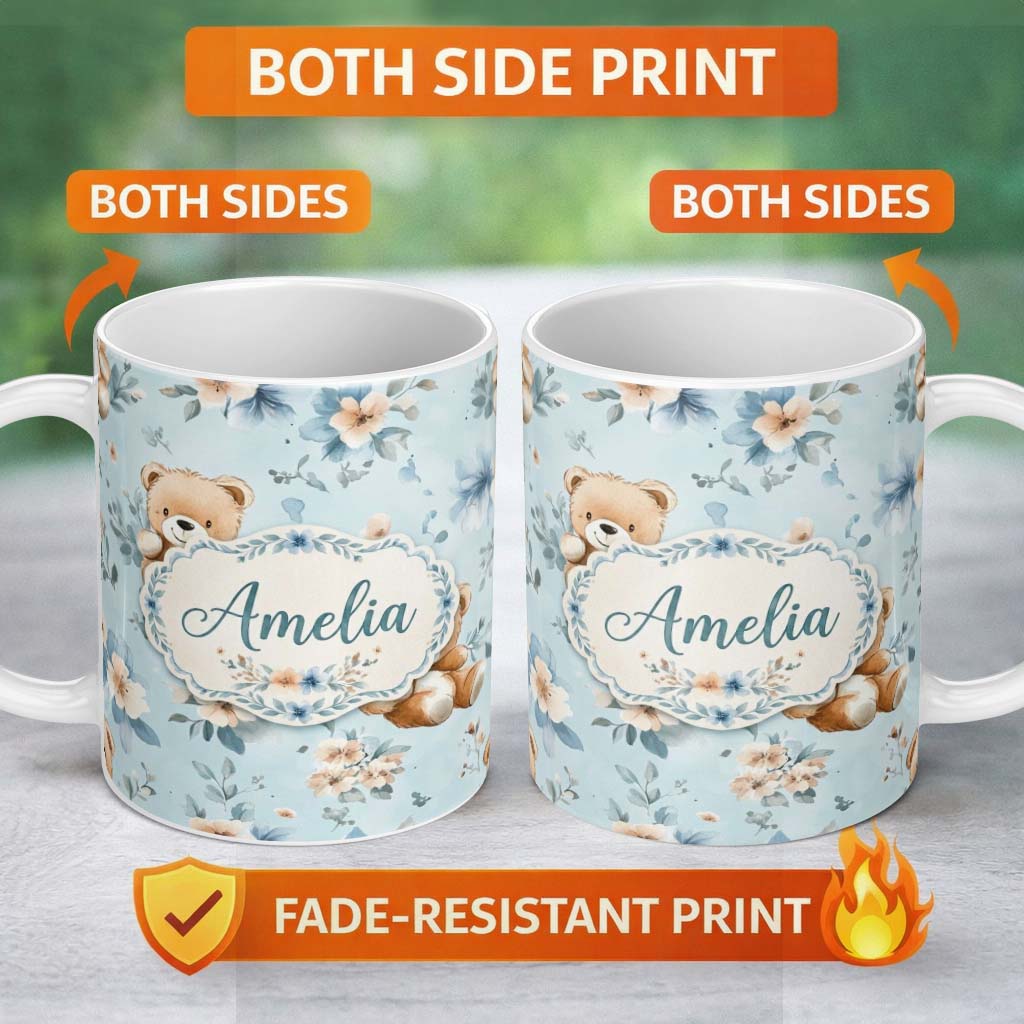 Personalized Custom Name Cute Teddy Bears with Blue Floral Background Seamless Pattern Lovely 11oz Ceramic Coffee Tea Mug White Large Handle