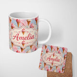 Personalized Custom Name Melted Ice Cream Drip Effect Pattern in Pink and Cream Artistic 11oz Ceramic Coffee Tea Mug White Large Handle