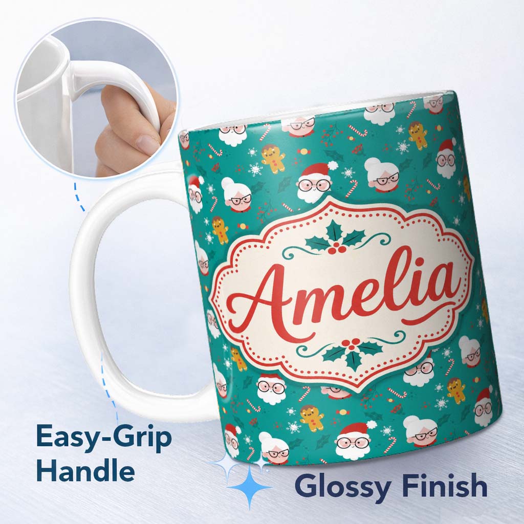 Personalized Custom Name Cute Santa Mrs Claus Gingerbread Seamless Pattern Design Festive 11oz Ceramic Coffee Tea Mug White Large Handle