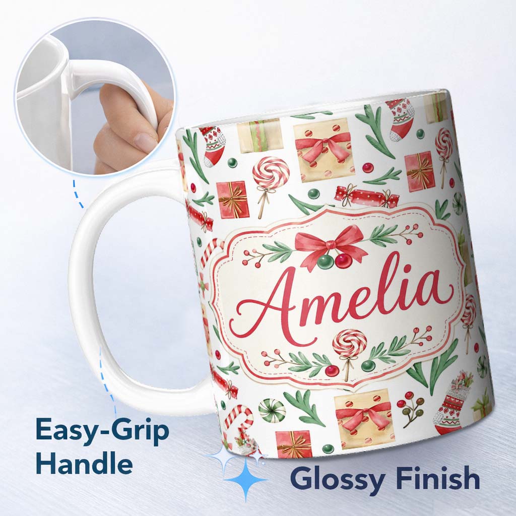 Personalized Custom Name Christmas Gifts Candy Lollipop Stockings Seamless Pattern Lovely 11oz Ceramic Coffee Tea Mug White Large Handle