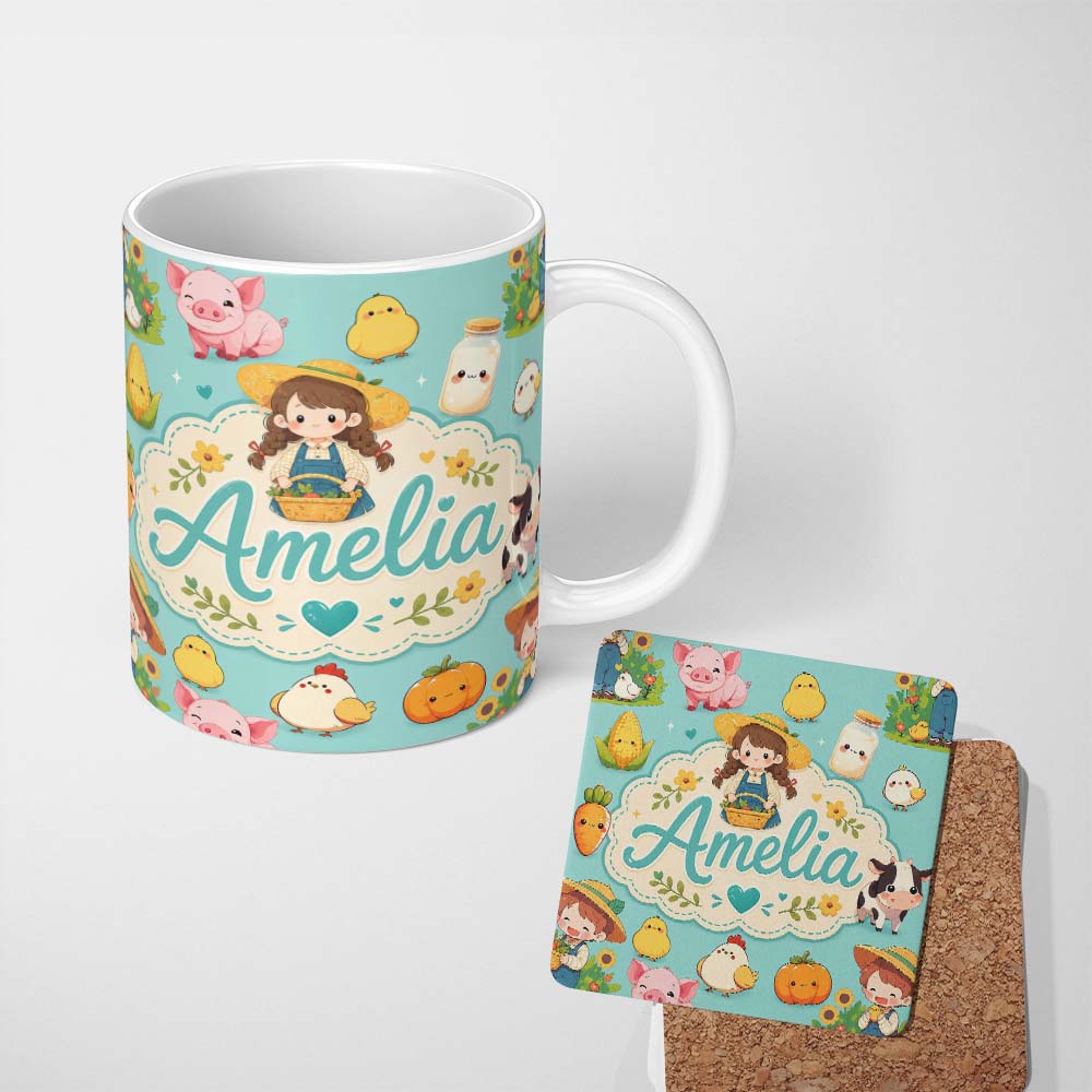 Personalized Custom Name Cute Farm Animals Girl Pig Cow Chicken Mint Green Background Lovely 11oz Ceramic Coffee Tea Mug White Large Handle