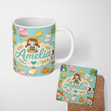 Personalized Custom Name Cute Farm Animals Girl Pig Cow Chicken Mint Green Background Lovely 11oz Ceramic Coffee Tea Mug White Large Handle