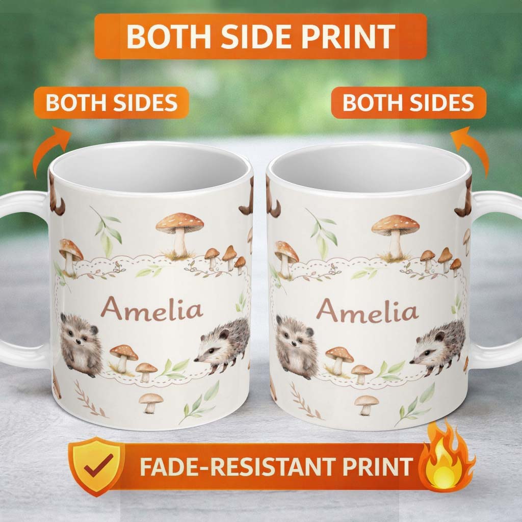 Personalized Custom Name Cute Woodland Hedgehog Mushrooms Leaves Seamless Pattern Warm Beige 11oz Ceramic Coffee Tea Mug White Large Handle