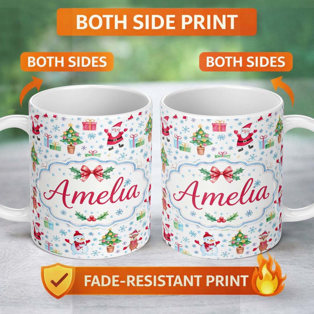 Personalized Custom Name Santa Reindeer Snowman Christmas Tree Gifts Seamless Pattern Lovely 11oz Ceramic Coffee Tea Mug White Large Handle