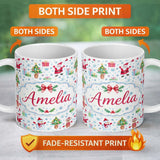 Personalized Custom Name Santa Reindeer Snowman Christmas Tree Gifts Seamless Pattern Lovely 11oz Ceramic Coffee Tea Mug White Large Handle