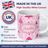 Personalized Custom Name Cute Pink Christmas Trees Snowflakes Stars Seamless Pattern Lovely 11oz Ceramic Coffee Tea Mug White Large Handle