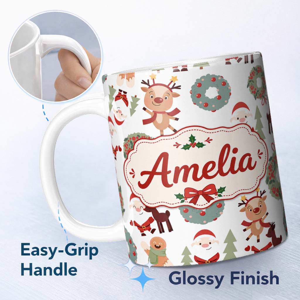 Personalized Custom Name Cute Reindeer Santa Wreath Gingerbread Christmas Seamless Pattern 11oz Ceramic Coffee Tea Mug White Large Handle