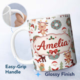 Personalized Custom Name Cute Reindeer Santa Wreath Gingerbread Christmas Seamless Pattern 11oz Ceramic Coffee Tea Mug White Large Handle