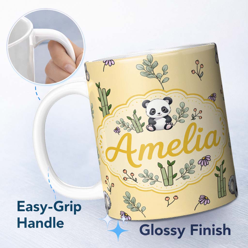Personalized Custom Name Cute Panda Bamboo and Floral Minimal Seamless Pattern on Warm Yellow 11oz Ceramic Coffee Tea Mug White Large Handle