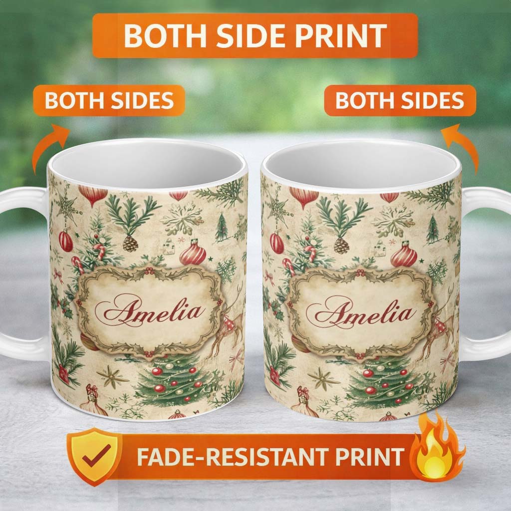 Personalized Custom Name Vintage Woodland Christmas Tree Deer Fox Ornaments and Snowflakes 11oz Ceramic Coffee Tea Mug White Large Handle