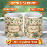 Personalized Custom Name Vintage Woodland Christmas Tree Deer Fox Ornaments and Snowflakes 11oz Ceramic Coffee Tea Mug White Large Handle