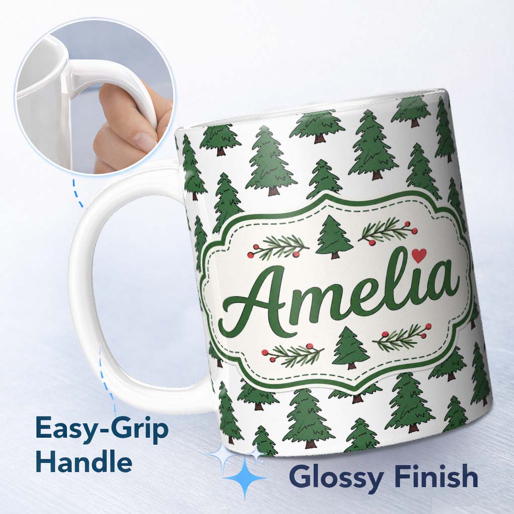 Personalized Custom Name Minimal Hand Drawn Christmas Trees on White Background Seamless 11oz Ceramic Coffee Tea Mug White Large Handle
