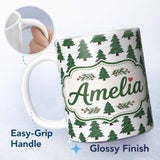 Personalized Custom Name Minimal Hand Drawn Christmas Trees on White Background Seamless 11oz Ceramic Coffee Tea Mug White Large Handle