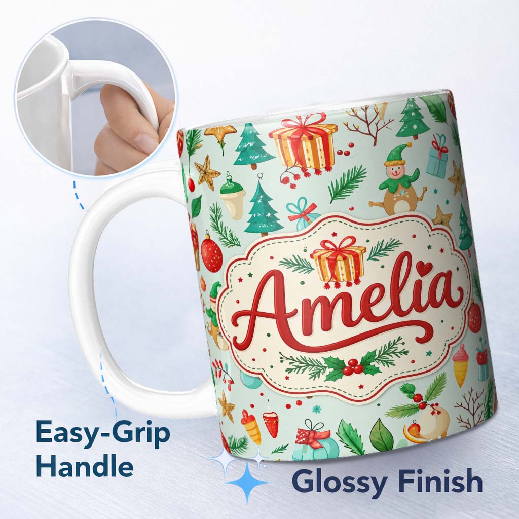 Personalized Custom Name Festive Christmas Ornaments Trees Gifts Holiday Elements Seamless 11oz Ceramic Coffee Tea Mug White Large Handle