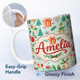 Personalized Custom Name Festive Christmas Ornaments Trees Gifts Holiday Elements Seamless 11oz Ceramic Coffee Tea Mug White Large Handle