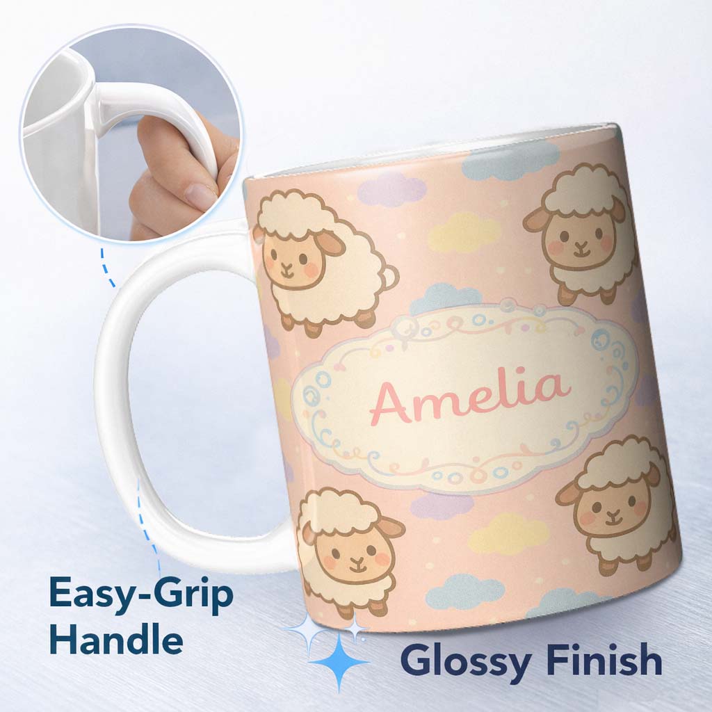 Personalized Custom Name Cute Sheep Cloud Cartoon Farm Animal Pattern Cute Unique Gift Lovely 11oz Ceramic Coffee Tea Mug White Large Handle