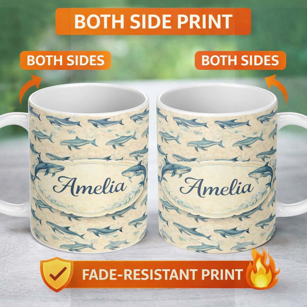 Personalized Custom Name Vintage Blue Whale Seamless Pattern Beige Ocean Animal Design Lovely 11oz Ceramic Coffee Tea Mug White Large Handle