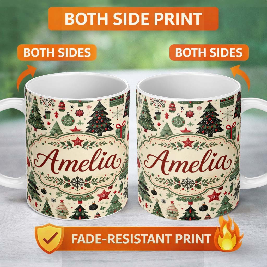 Personalized Custom Name Christmas Trees Stars Gifts Ornaments Seamless Pattern Holiday 11oz Ceramic Coffee Tea Mug White Large Handle