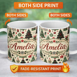 Personalized Custom Name Christmas Trees Stars Gifts Ornaments Seamless Pattern Holiday 11oz Ceramic Coffee Tea Mug White Large Handle