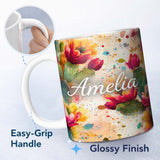 Personalized Custom Name Bright Watercolor Cactus Flower Abstract Seamless Pattern Lovely 11oz Ceramic Coffee Tea Mug White Large Handle
