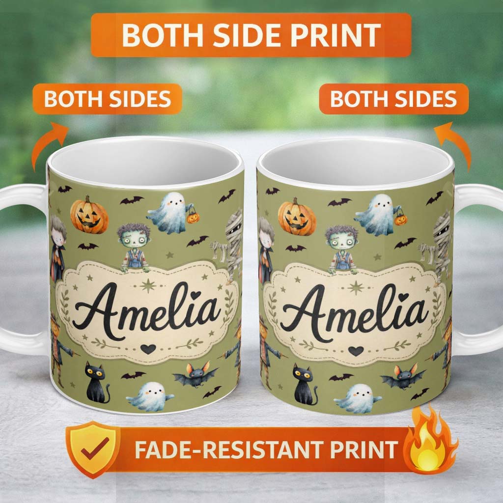 Personalized Custom Name Halloween Zombie Mummy Vampire Bat Spooky Olive Seamless Pattern 11oz Ceramic Coffee Tea Mug White Large Handle