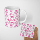 Personalized Custom Name Vintage Pink Ribbon Bow Stripe Elegant Seamless Pattern Lovely 11oz Ceramic Coffee Tea Mug White Large Handle