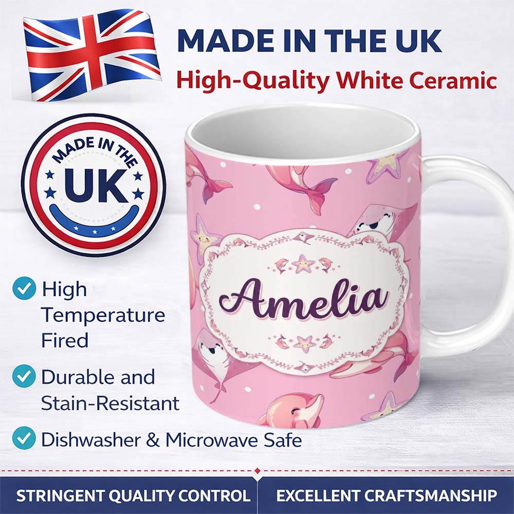 Personalized Custom Name Cute Pink Dolphins and Starfish Seamless Ocean Pattern Pink Lovely 11oz Ceramic Coffee Tea Mug White Large Handle