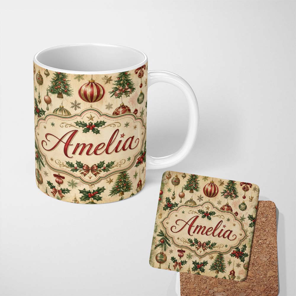 Personalized Custom Name Vintage Christmas Baubles Holly Pine Branches Festive Holiday Design 11oz Ceramic Coffee Tea Mug White Large Handle