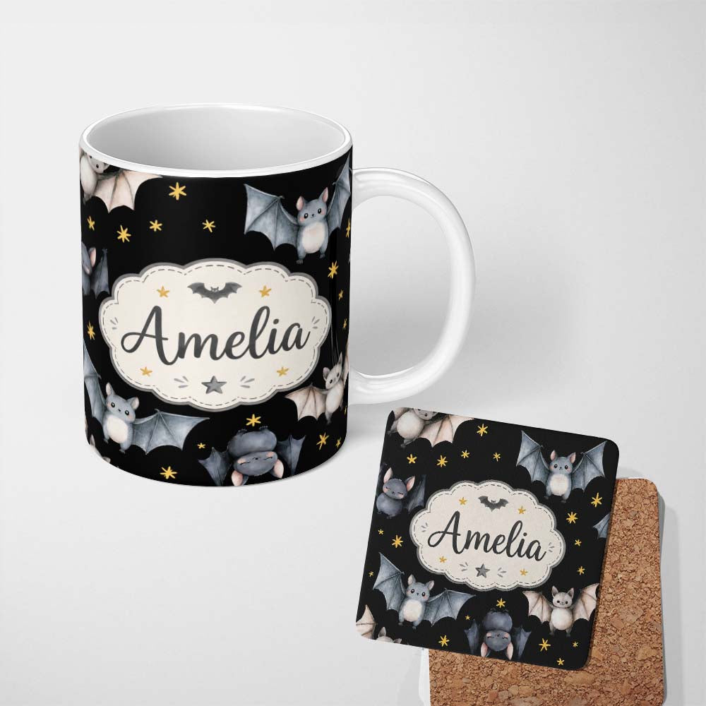 Personalized Custom Name Cute Halloween Bats Flying Yellow Stars Night Sky Seamless Pattern 11oz Ceramic Coffee Tea Mug White Large Handle