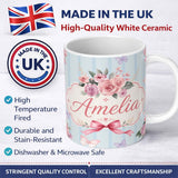 Personalized Custom Name Elegant Watercolor Rose Bouquet Ribbon Butterfly Soft Blue Stripe 11oz Ceramic Coffee Tea Mug White Large Handle